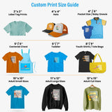 DTF transfer size guide 1 – sizes for pocket, youth and adult shirts